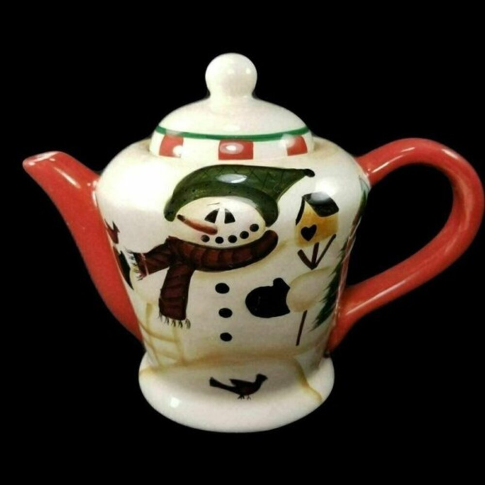 Crazy‎ Mountain Snowman Teapot Trees Birds Birdhouse Red Handle and Spout